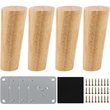 Pieds de Meuble Bois de Rechange 12cm,Lot de 4 Pieds de Meuble en Bois Pieds de Meuble avec Plaque de Montage Vis et Tapis antidérapant Pieds de Meuble Bois Pieds de Canapé Bois pour Lit et Chaises (1/4)