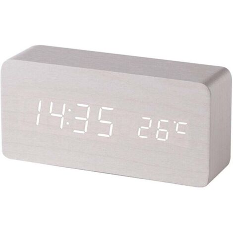 (Blanc) Réveil digital en bois avec contrôle sonore par LED, alimentation double par batterie USB, horloge silencieuse en bois avec LED, décorations pour la maison (1/4)