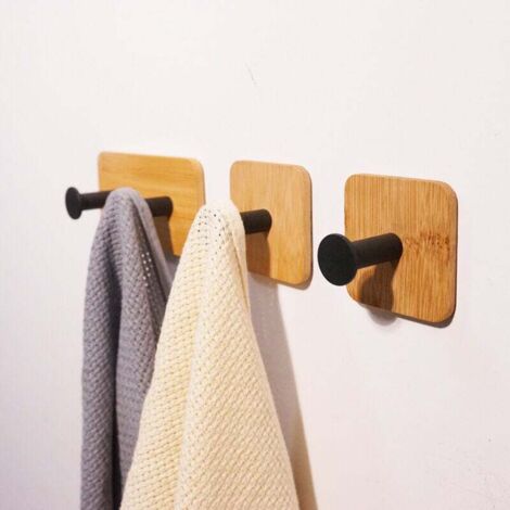 Lot de 3 crochets auto-adhésifs (noirs), crochets en bambou, crochets sans couture réutilisables, crochets adhésifs très résistants, crochets pour chambre, cuisine, salle de bain. (1/4)