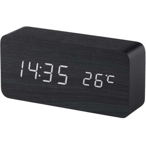 (Noir) Réveil digital en bois avec contrôle sonore par LED, alimentation double par batterie USB, horloge silencieuse en bois avec LED, décorations pour la maison (1/4)