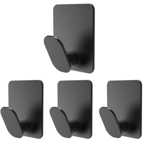 Lot de 4 crochets de salle de bain, acier inoxydable, fixation avec ruban adhésif, résistance jusqu'à 3 kg, salle de bain, niveau, derrière les portes, surfaces lisses, balcons, etc., noir (1/4)