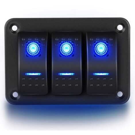 90017C 3 gangs panneau en aluminium bascule tableau de bord 5 broches marche/arrêt support d'interrupteur à bascule pré-câblé pour voiture automobile bateau marin, 2 ans de garantie, bleu (1/4)