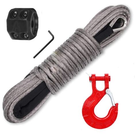 Corde de treuil de voiture avec crochet et butée, antirouille, imperméable, résistante aux UV, matériau PE/acier inoxydable, gris/rouge (1/4)