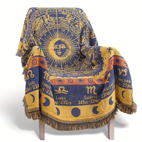 Plaid Bohème Réversible – Motif Astrologie et Constellations avec Franges (1/4)