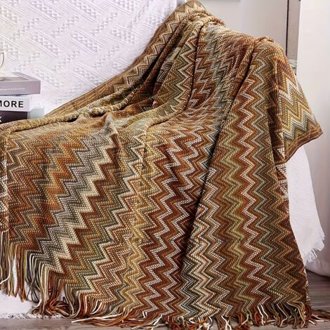 Couverture Navajo Aztèque Motif Géométrique Avec Pompons - Couverture Bohème Tribal Pour Canapé Lit Ou Nappe