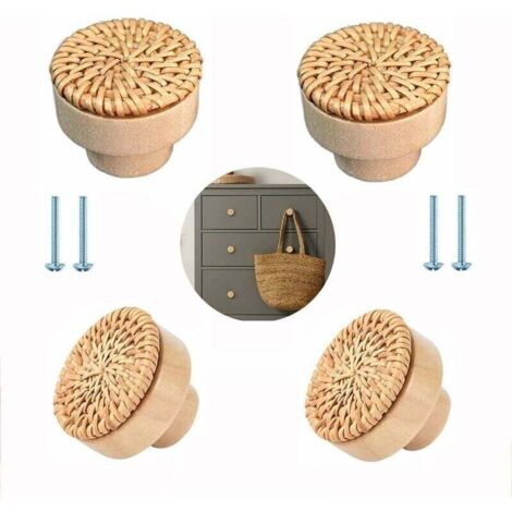 Lot de 4 boutons de meubles en rotin - Style bohème - Pour meubles - En bois - Style vintage (1/4)