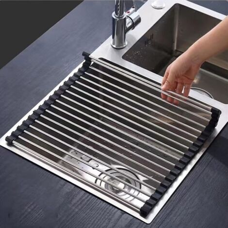 Egouttoir Vaisselle INOX Noir Cuisine Séchoir à Rouleaux Repliable et Amovible en Acier Inoxydable pour Évier 43CM35CM