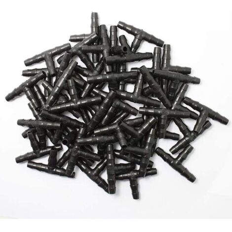 100 pièces connecteurs barbelés irrigation goutte à goutte,4/7mm tuyau de té barbelé universel, convient au système de jardin d'arrosage tuyau goutte à goutte 4/7mm (1/4)