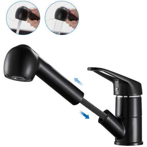 Auralum Robinet de Cuisine Noir avec 50CM Douchette Extractible Mitigeur Cuisine à 2 Jets Eau Froide et Chaude Mélangeur de Evier Cuisine (1/4)