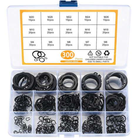 300 Pièces E-clips Kit Anneau de Retenue Externe, Assortiment Circlips Snap, Bagues d'arrêt Circlips, M4-M28 (1/4)
