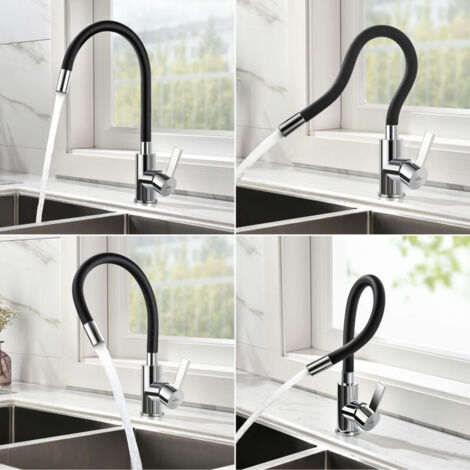 Mitigeur Évier avec Bec Flexible, Robinet de Cuisine, Cuisine Mitigeur Flexible Rotative à 360°, Eau Chaude et Froide,Chrome, Noir (1/4)