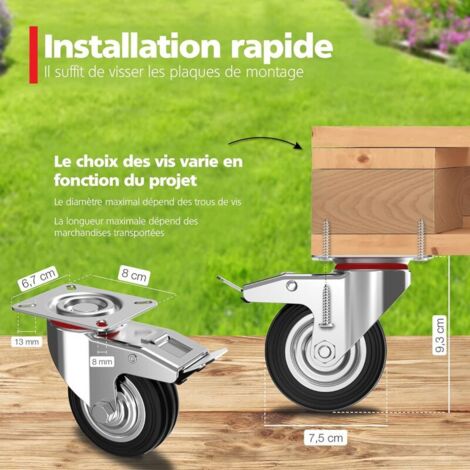 Set De 4 Roulettes Pivotantes 75mm Avec Frein - Charge 136kg Par Roue - Roues Meubles Industrielles Intérieur Extérieur