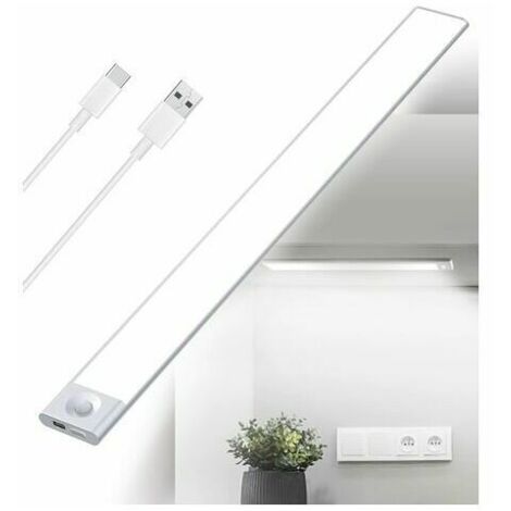 Réglette LED Cuisine Sous Meuble Rechargeable USB - 40 cm - 2500 mAh - Lampe Placard Détecteur de Mouvement - Barre LED Sans Fil Rechargeable - Lumière avec Capteur PIR à Pile pour Escalier Intérieur, (1/4)
