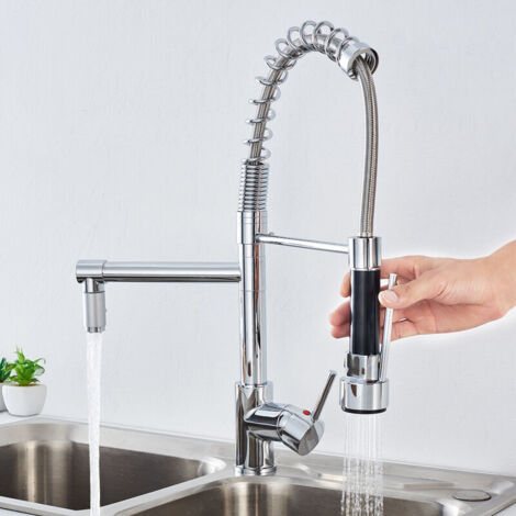 AuraLum Robinet Cuisine Mitigeur avec Douchette Extractible Moderne Bec Haut en Laiton Rotatif 360°Robinetterie Rétractable évier 2 Jets Robinet (1/4)
