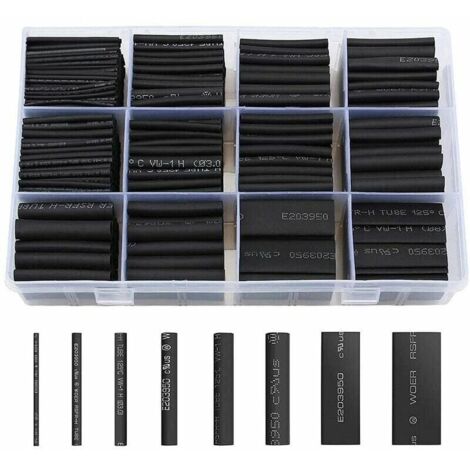 Gaine Thermorétractable 650pcs Tube Thermorétractable Noir 8 Tailles Ratio 2:1 Gaine Thermo Retractable Kit, Noire (1/4)