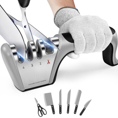 Aiguiseur de Couteaux Professionnel 4-en-1 pour Cuisine - Affûtage Couteaux en INOX, Céramique et Ciseaux - Gomme Antidérapante Inclus - OUYLAF