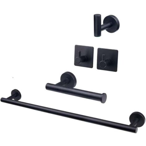Ensemble de 5 accessoires de salle de bain en acier inoxydable SUS304 : porte-serviettes, barre porte-serviettes allongée, porte-papier toilette, 3 crochets pour peignoirs, accessoires de salle (1/4)