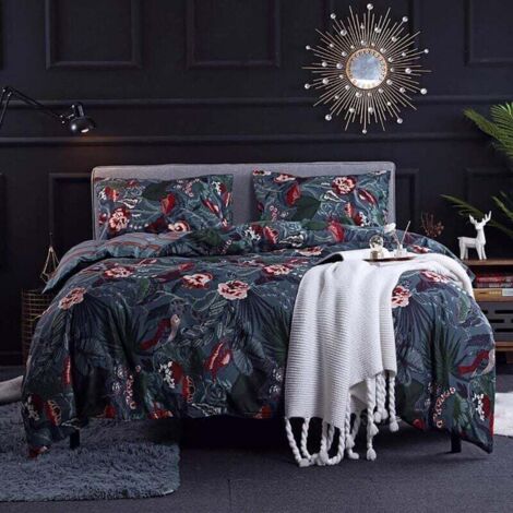 Housse de Couette 200x200 Bleu Nuit - Parure de Lit Motif Fleurie Rose avec Fermeture Éclair - Linge de Lit Réversible 2 Personnes Adulte avec 2 Taies d'oreiller 50x75 cm
