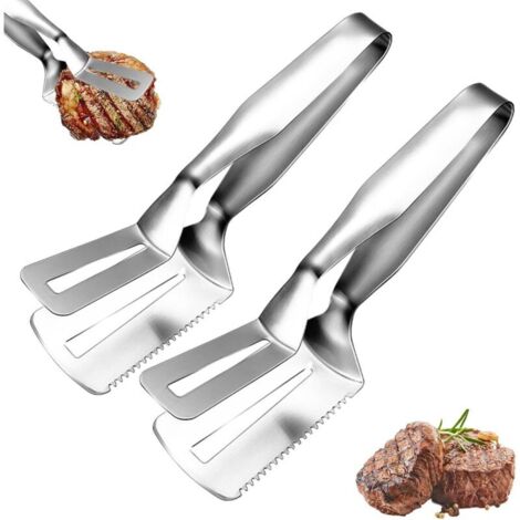 Lot de 2 pinces à steak en acier inoxydable, multifonction de qualité alimentaire, pince à pain, pince à barbecue en acier inoxydable, pince à steak dentelée, peut clipser, pelle, peut couper 3 en 1 (1/4)