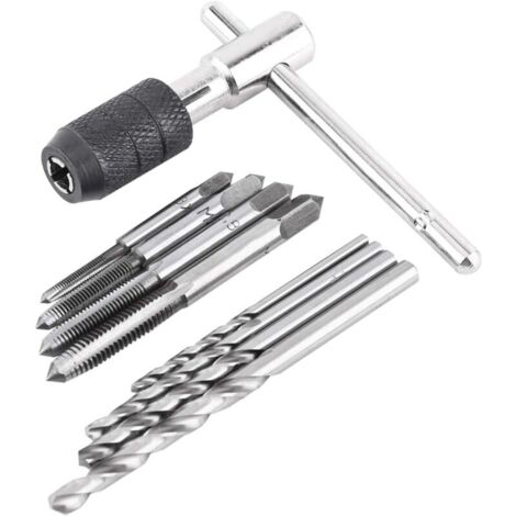 9 Pièces/ensemble de Tarauds à Vis, 1 Clé à Taraud en Forme de T, 4 Tarauds et 4 Forets Hélicodaux, Jeu de Clés à Taraud en Acier à Roulement de Haute Qualité, Forets Torsadés Filetage Taraudage Kit