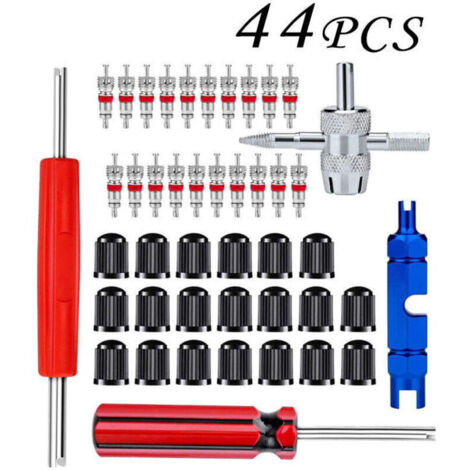 Kit d'outils de Réparation de Valve de Pneu de Voiture,Outil de Valve 4 Voies avec Noyaux de Valve,Bouchons de Valve de Pneu,Outil de Dépose de Tige Valve de Pneu Simple et Double Tête (1/4)