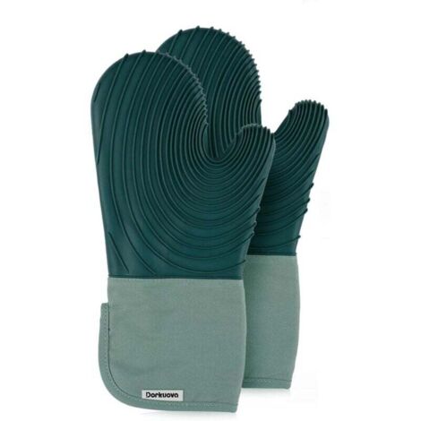 Ensemble de gants de cuisine en silicone, mitaines doublées en coton, sans BPA, gants de cuisson longs et trépied, gants de gril en silicone, 2 pièces (vert) (1/4)