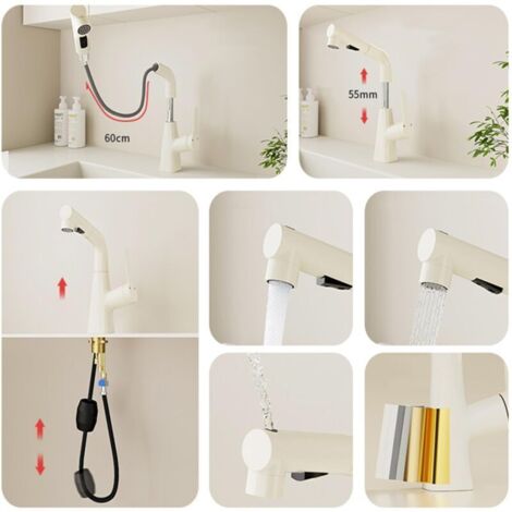 Basin taps with Pull Out Spray Brass Hot Water and Cold Water washbasin Faucet Swivel Retractable Bathroom Faucet-White (1/4)