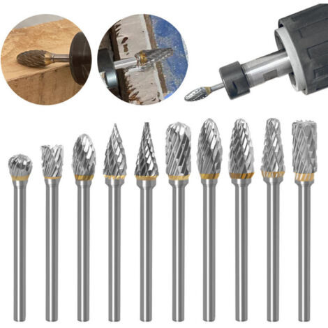 10Pcs Fraise Metal pour Fraiseuse Double Coupe de Tungstène Fraises Rotatives Fraise Meuleuse Droite pour Outils Rotatifs Traitement Meulage Gravure Polissage