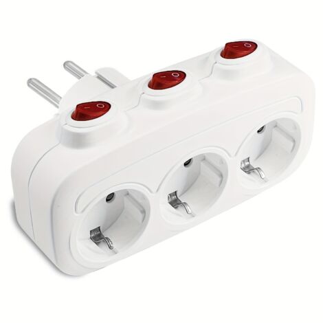 Multiprise murale standard UE 1 vers 3 avec interrupteurs indépendants – Prise de voyage, 3 prises horizontales, sans câble, blanc (1/5)