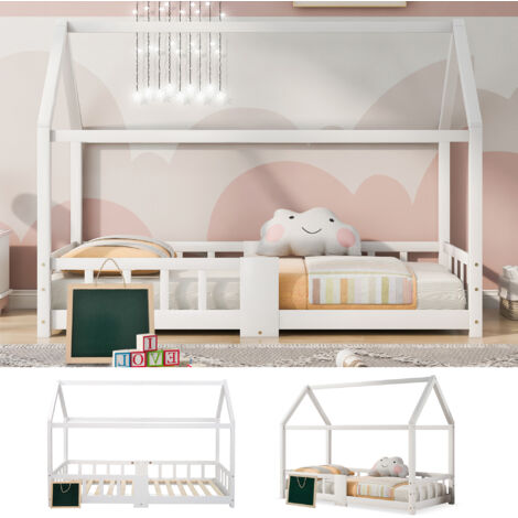 AMXCNOY Lit cabane pour enfant 90 x 200 cm, lit en bois pour chambre d'enfant comprenant un tableau noir, un sommier à lattes et une barrière de sécurité, en pin blanc (sans matelas) (1/5)