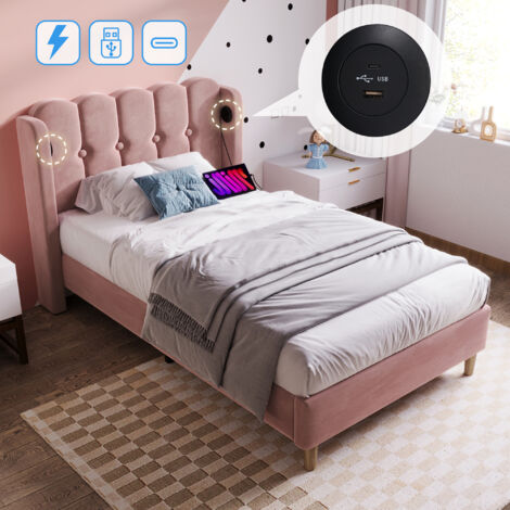 AMXCNOY Lit simple rembourré avec port de chargement USB Type-C, sommier à lattes, revêtement en velours rose, dimensions : 90 x 200 cm, idéal pour chambre d’enfant ou chambre d’amis. (1/5)