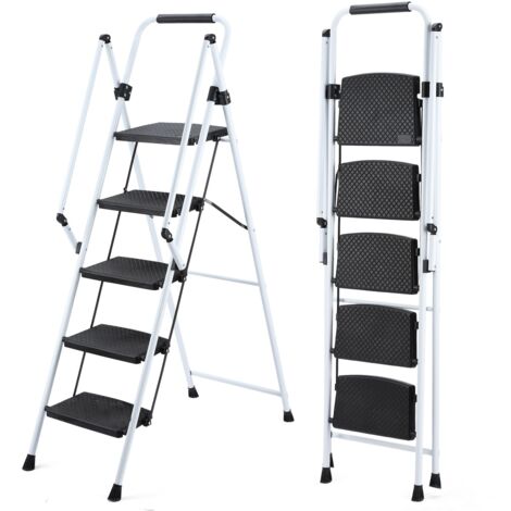 AMXCNOY Échelle pliante en acier avec larges pédales antidérapantes et poignée de sécurité antidérapante. Échelle portable légère (150 kg) en acier blanc, 5 marches. (1/5)