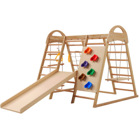AMXCNOY Structure d'escalade multifonctionnelle 7 en 1, fabriquée en bois massif, contreplaqué et hêtre. Comprend une balançoire, une échelle, un toboggan, un filet d'escalade, des prises et des annea (1/5)