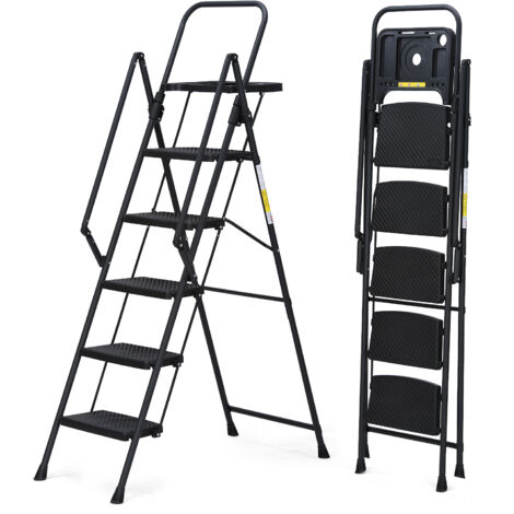AMXCNOY Escabeau à 5 marches, escabeau pliable avec plateau à outils et larges pédales antidérapantes, échelle en acier robuste, rampes pratiques, escabeau portable en acier léger (1/5)