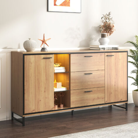 AMXCNOY Buffet à trois tiroirs, veinage raffiné. Buffet moderne couleur bois avec compartiments de rangement – meuble de salon élégant et fonctionnel. Coloris noir et bois. (1/5)