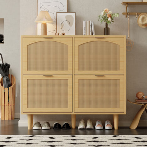 AMXCNOY Meuble à chaussures avec 4 tiroirs abattants, coffre à chaussures en rotin avec poignées en métal, étagère à chaussures pour entrée, chambre, appartement, meuble en bois, style champêtre, dime (1/5)