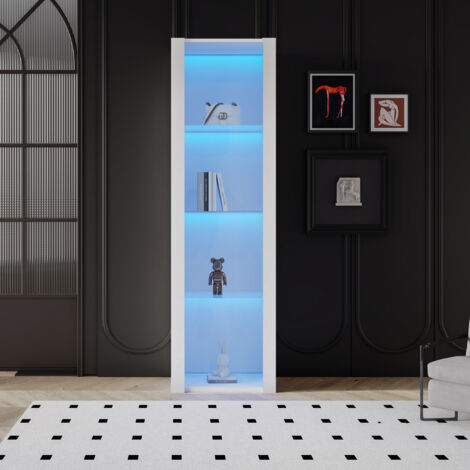 AMXCNOY Vitrine blanche laquée brillante avec éclairage LED, 3 étagères en verre, 55 x 38 x 166 cm, vitrines, vitrines autoportantes, armoires hautes, armoires de rangement (1/5)