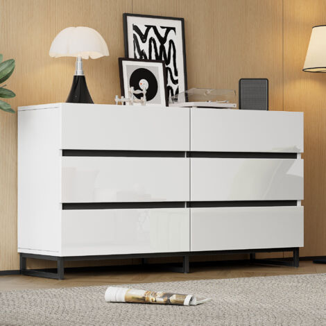 AMXCNOY Buffet de salon 140 x 39,5 x 78,5 cm, meuble de rangement à 6 tiroirs, commode laquée brillante, meuble à 3 pieds en métal, meuble d'appoint très robuste, blanc et noir. (1/5)