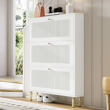 AMXCNOY Meuble à chaussures étroit avec 3 portes abattantes rainurées – meuble à chaussures à 6 étagères pour l'entrée, design contemporain, blanc, dimensions : L 73 x P 23 x H 125 cm (1/5)