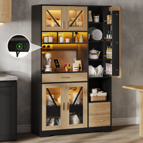 AMXCNOY Meuble de cuisine de style grange, armoire de rangement et d'exposition haute avec étagères réglables, tiroir, éclairage LED à changement de couleur et prises, 185 × 105 × 40 cm.