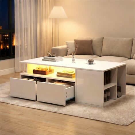 AMXCNOY Table basse 100 x 50 x 35 cm avec éclairage LED, table de salon avec 2 tiroirs, supportant une charge maximale de 60 kg, table de salon blanche offrant un grand espace de rangement. (1/5)