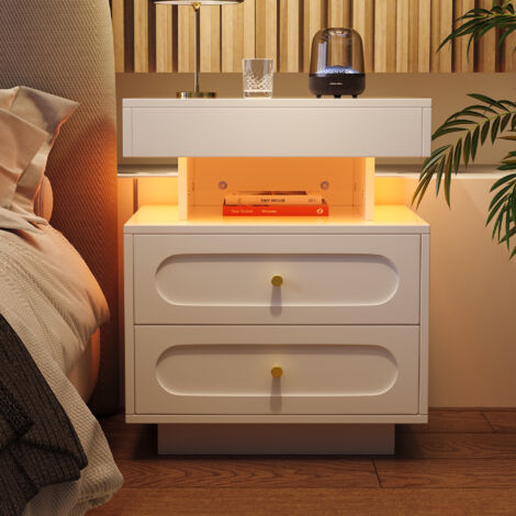 AMXCNOY Table de chevet avec éclairage LED, commode de nuit à 2 tiroirs, 1 compartiment de rangement ouvert, blanche, L 50/P 40/H 60 cm (1/5)
