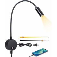 Luce da lettura a parete, Lampada da comodino a LED con interruttore touch dimmerabile e porta di ricarica USB, Lampada da lettura da letto girevole a 360° da 3 W con spina e cavo per camera da letto,