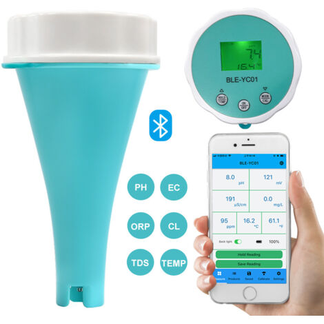 Détecteur de chlore résiduel pour piscine – pH, CE, ORP – Application Bluetooth – Moniteur qualité eau 6 en 1 pour aquarium