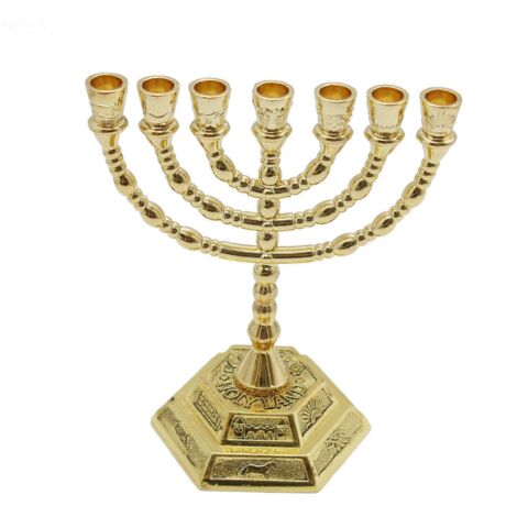 Menorah du Temple de Jérusalem, une pièce, Menorah de la tribu d'Israël avec la verge d'Aaron, le récipient à manne et l'ardoise, 13 cm de haut, style antique pour Hanoukka