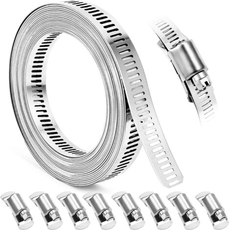 Collier de serrage pour tuyau, sangle métallique de 4 mètres (13 pieds) à monter soi-même + 8 fixations, collier de serrage en acier inoxydable, grand collier de serrage réglable pour tuyaux, applicat (1/5)