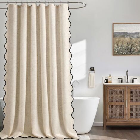 Rideau de douche en lin beige avec éventail noir, style bohème moderne, pour salle de bain, largeur 182,88 cm x longueur 182,88 cm