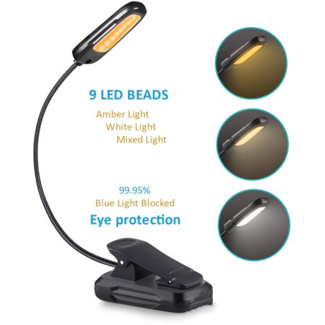 Lampe de lecture à 9 LED avec pince, rechargeable, 3 modes de luminosité et 3 températures de couleur