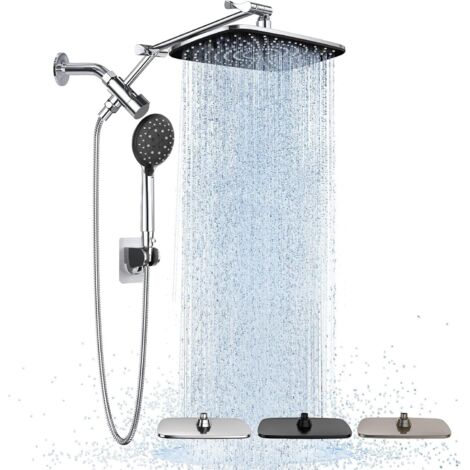 Ensemble de douche haute pression de 30,5 cm (environ) avec bras d'extension - Pommeau de douche large à 6 jets - Double pommeau de douche réglable avec buses anti-obstruction - Chrome argenté (1/5)