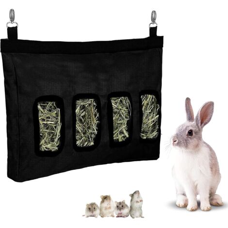 Sac de Foin pour Cochon d’Inde Sac d’Alimentation pour Lapin Sac de Mangeoire à Foin pour Petits Animaux Sac d’Alimentation Suspendu avec 4 Trou pour Lapin Hamsters Chinchilla Moutons 1 Pièces (Noir) (1/5)